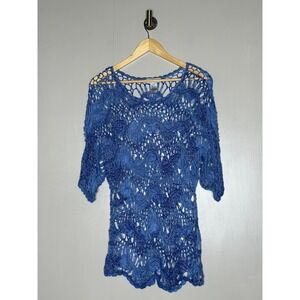 La Seine Blue Crochet Knit Tunic Top S/M Boho Scalloped Open Weave